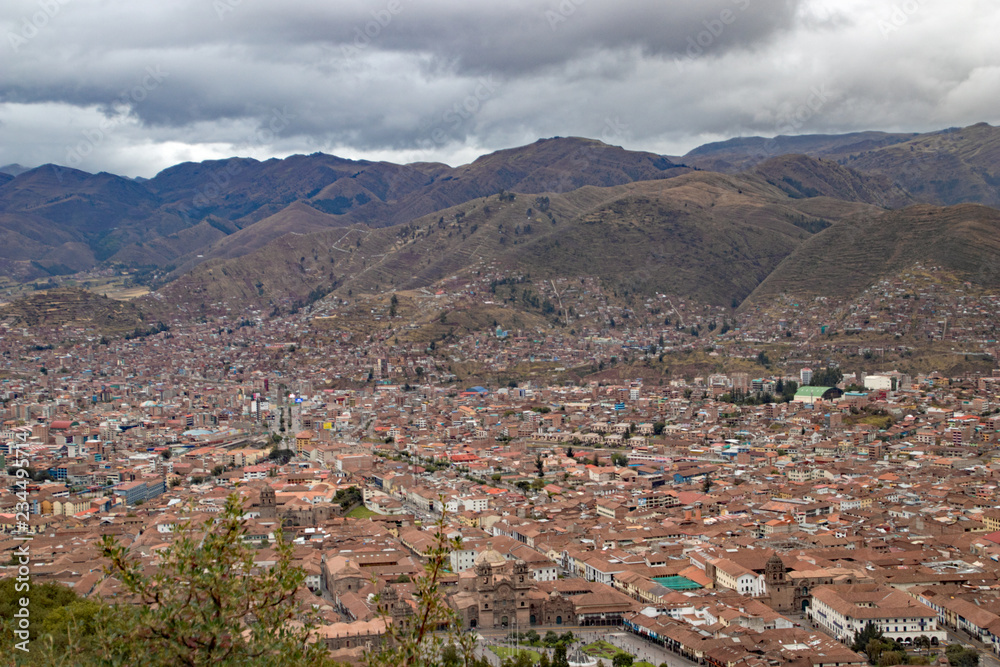 Ancient and historic city of Cuzco,  Peru as viewed from a hilltop