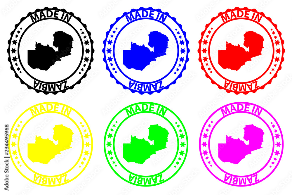 Made in Zambia - rubber stamp - vector, Zambia map pattern - black, blue, green, yellow, purple and red Made in Zambia - rubber stamp - vector, Zambia map pattern - black, blue, green, yellow, purple and red