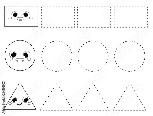 Handwriting practice sheet. Educational children game, printable worksheet for kids. Tracing lines. Learning geometric shapes for toddlers