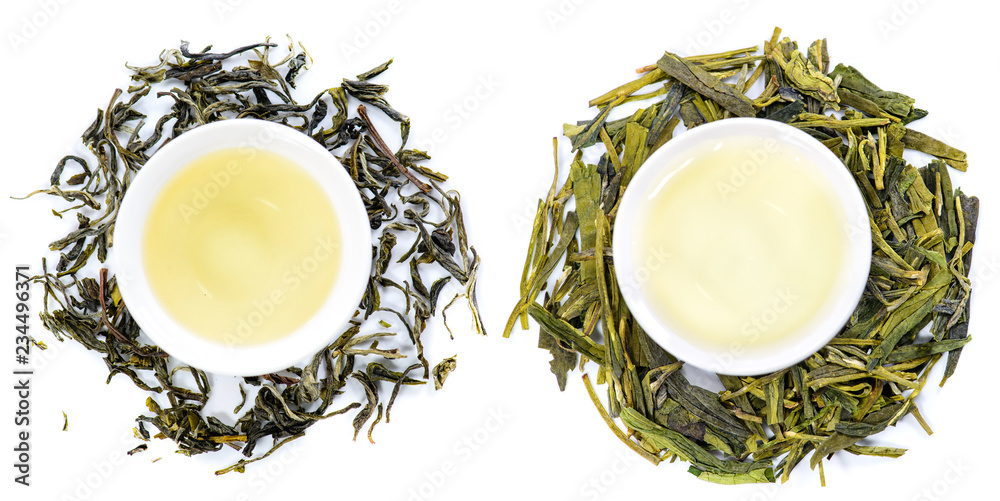 collection of green tea top view close-up set isolated on white background - obrazy, fototapety, plakaty 