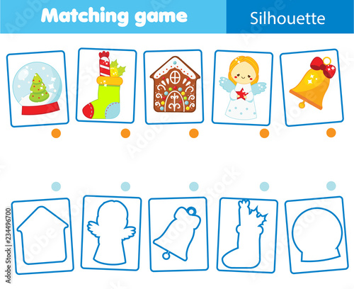 Matching game. Match Christmas objects with silhouette. Educational kids activity. New year theme fun page for toddlers