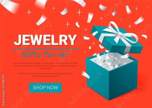 Gift Box and silver Confetti. Turquoise jewelry box on dark background. Template for cosmetics and jewelry shops. Christmas Background. Vector Illustration
