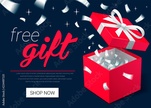 Promo banner with Open Gift Box and silver Confetti. Turquoise jewelry box. Template for cosmetics jewelry shops. Christmas Background.