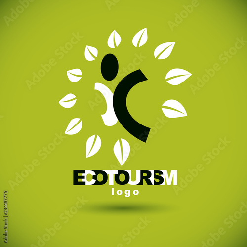 Vector illustration of happy abstract human with reaching up. Ecotourism conceptual logo. Environmental conservation theme logotype. Green tourism symbol.