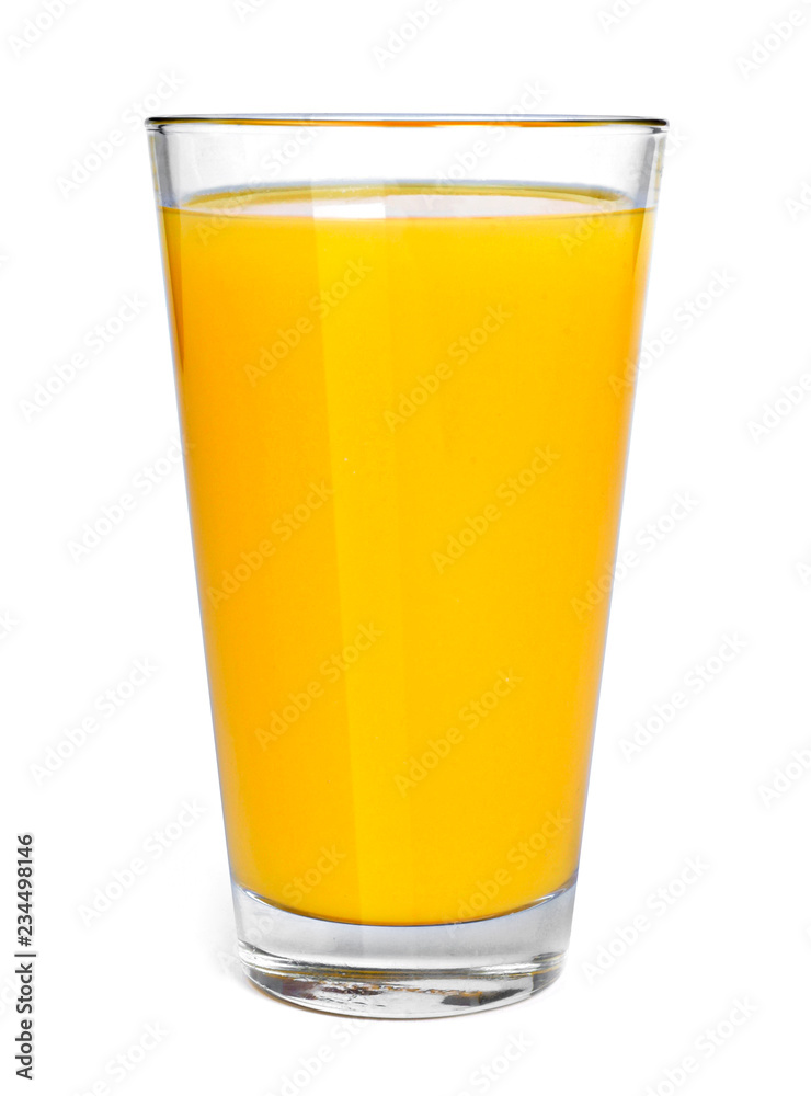 Fresh orange juice in a drinking glass, top view. Healthy fruit juice, Isolated on white background.