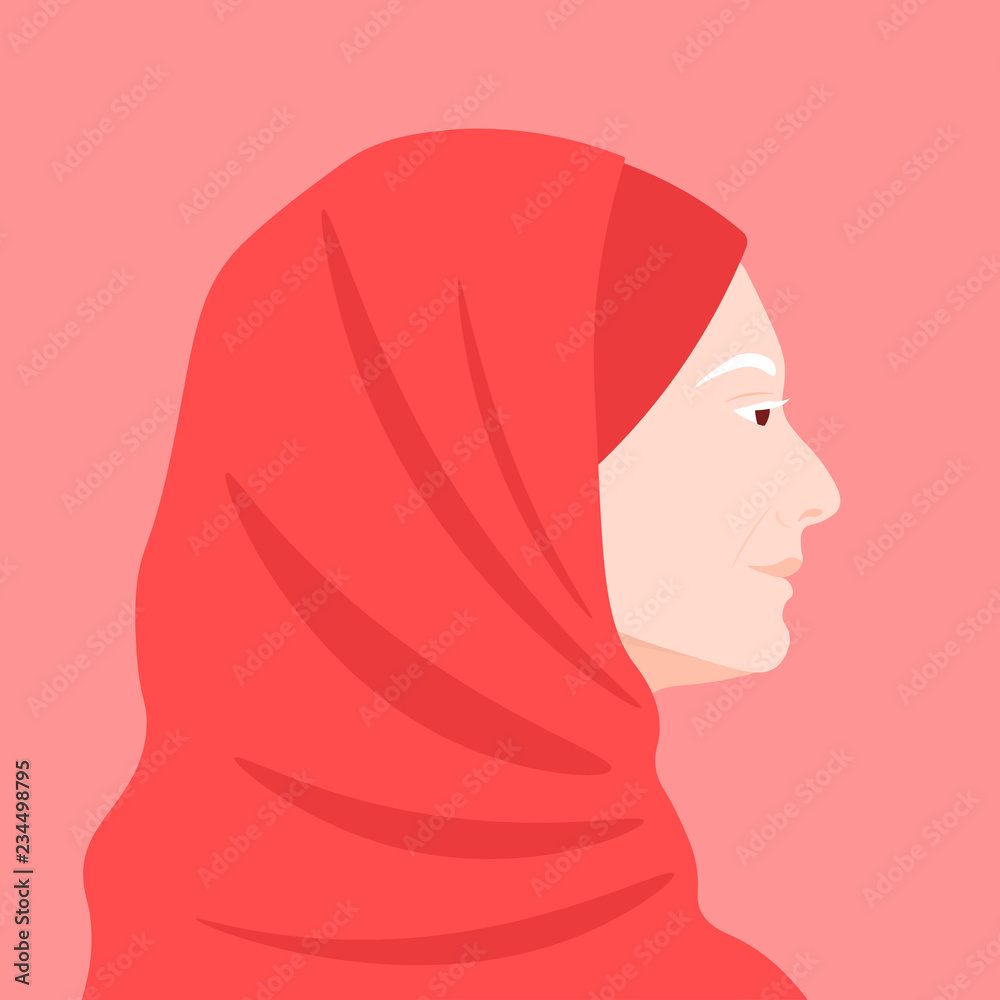 Profile of an elderly Muslim woman. Grandma's Avatar The head covered with a veil. Vector flat illustration