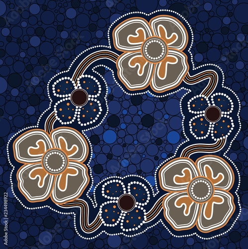 Fototapeta Naklejka Na Ścianę i Meble -  Aboriginal dot art painting with poppy flowers, connection concept - Vector Illustration