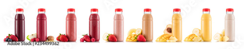 Nine tastes of smoothie in plastic bottle with fruit isolated on white background