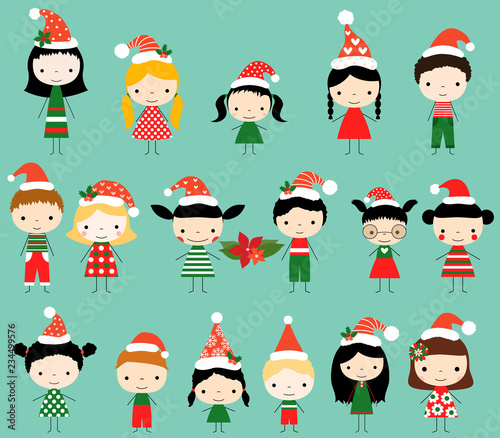 Cute vector stick figures elves in red and green Christmas clothes with Santa hats