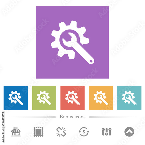 Wrench with cogwheel flat white icons in square backgrounds