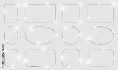 Metal shiny glowing frames set with shadows isolated on white background. Pack of silver luxury realistic square, round, oval borders. Vector illustration