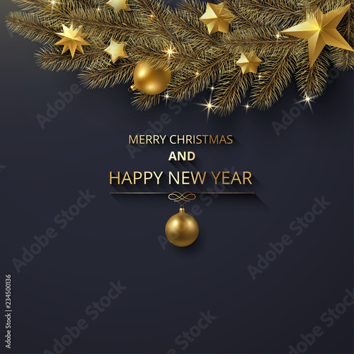 Merry Christmas and Happy New Year greeting card with fir branch.