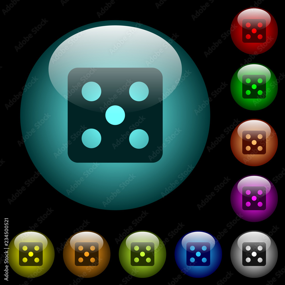 Dice five icons in color illuminated glass buttons Dice five icons in color illuminated glass buttons