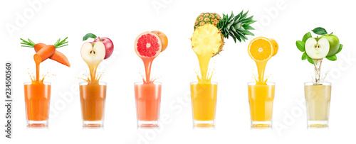 Six tastes of juice pouring in glass from fruit isolated on white background