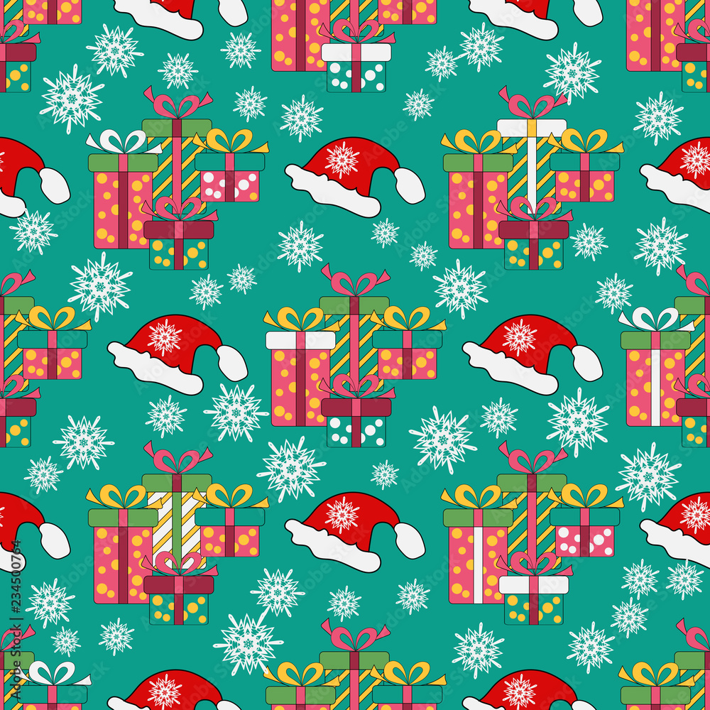 Naklejka premium Seamless pattern for Christmas packaging, textiles, holiday symbols illustration. wrapper or cover