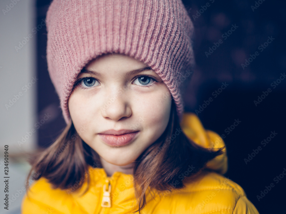 portrait of a girl with blue eyes, wearing a hat and jacket portrait of a girl with blue eyes, wearing a hat and jacket