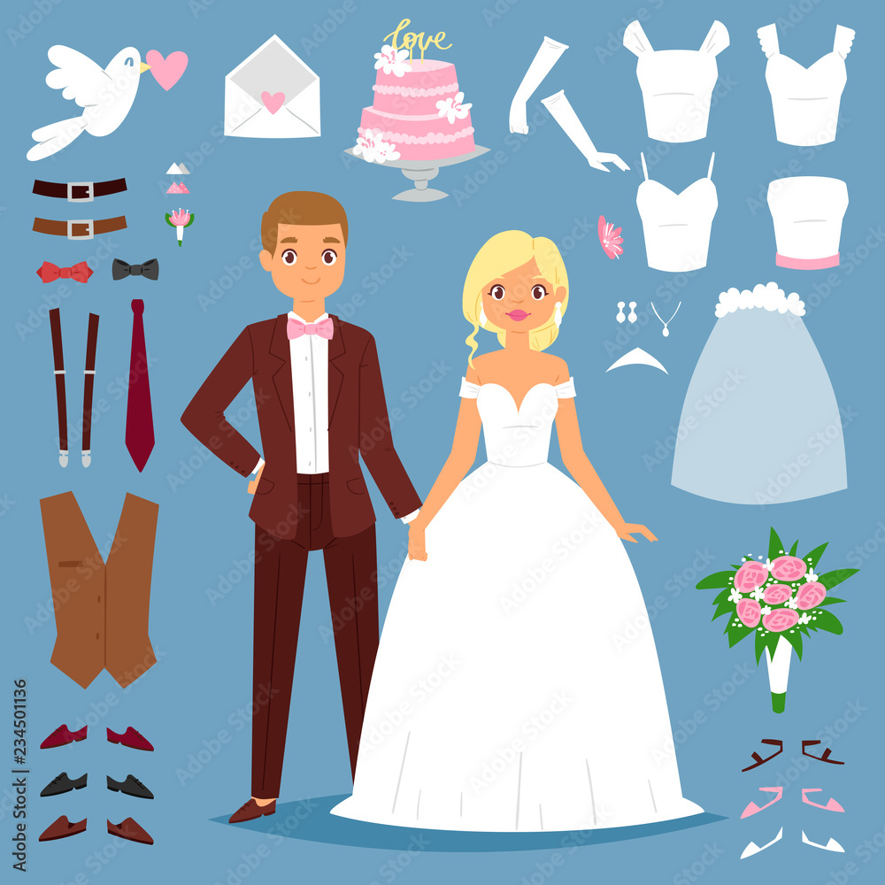Cartoon wedding bride and groom couple vector illustration of young couple isolated on background and wedding icons like dress, dove, heart and wedding tools icons. Wedding people couple together