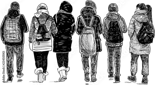 Sketch of school friends going home
