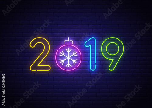 2019 New Year neon background colorful. Merry Christmas neon sign. Logo, emblem, banner and label, bright signboard, light banner