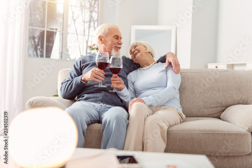 Happiness. Aging amazing couple looking happy while drinking red wine at their apartment
