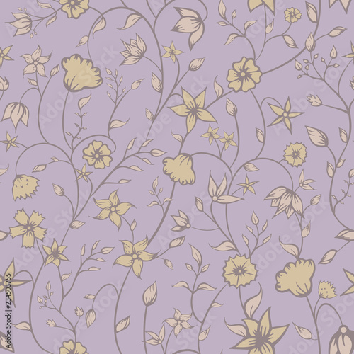 Vector Petite Indian Floral Ornaments line art in pastel purple seamless pattern background. Perfect for fabric  scrapbooking and wallpaper projects.