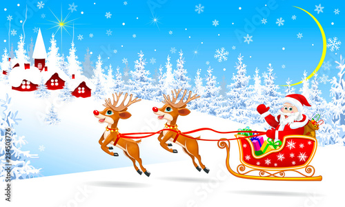 Santa on a sleigh with deers welcomes. Santa and deer on background village and winter forest
