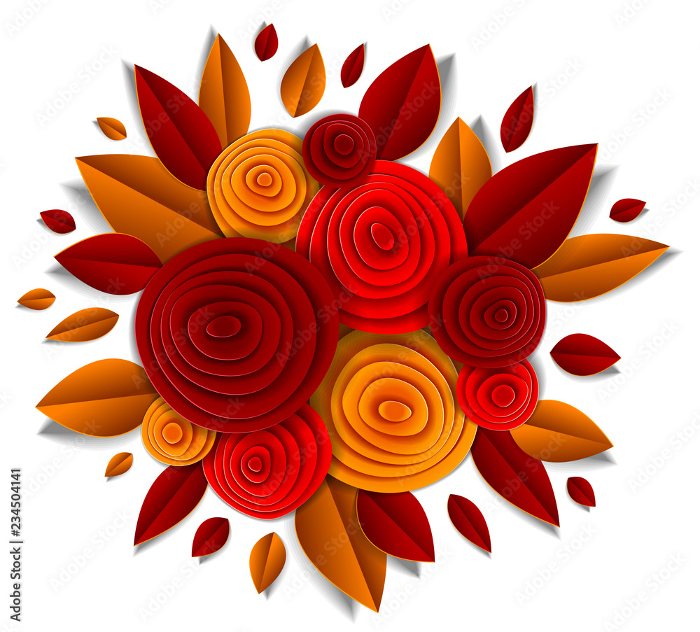 Autumn flowers and leaves beautiful design, vector illustration in paper cut style. Wedding invitation or fall seasonal romantic greeting card. Autumn flowers and leaves beautiful design, vector illustration in paper cut style. Wedding invitation or fall seasonal romantic greeting card.