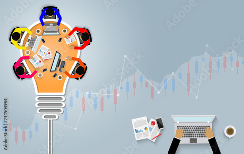 Business meeting Concept. teamwork. Businessmen help to brainstorm modern idea. and to achieve higher And success in the organization. financial trading. cartoon vector illustration light bulb