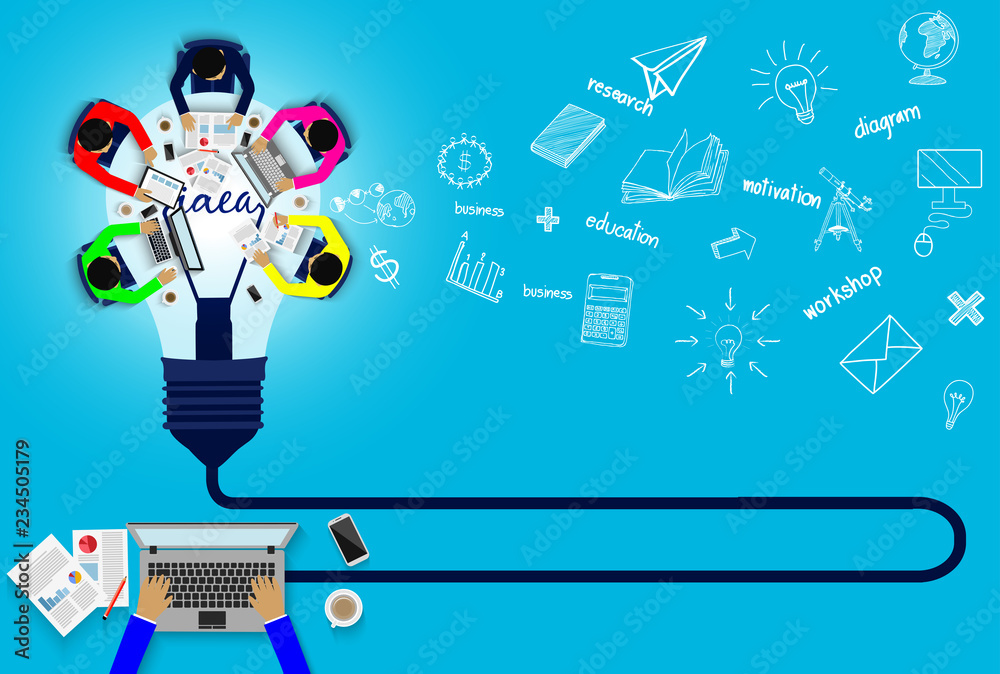 Fototapeta premium Business meeting Concept. teamwork. Businessmen help to brainstorm modern idea. and to achieve higher And success in the organization. Vector illustration infographic template. light bulb and icon