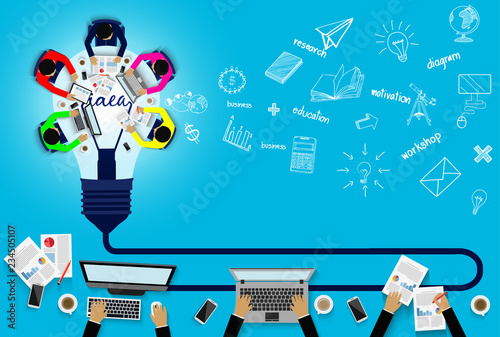 Business meeting Concept. teamwork. Businessmen help to brainstorm modern idea. and to achieve higher And success in the organization. Vector illustration infographic template. light bulb and icon