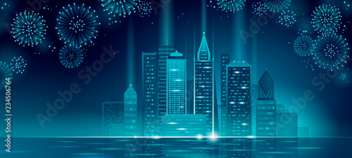 Modern skyscraper holiday Christmas cityscape. New Year 3D polygonal point line dark blue night sky eve greeting card template. Glowing light party city silhouette vector illustration