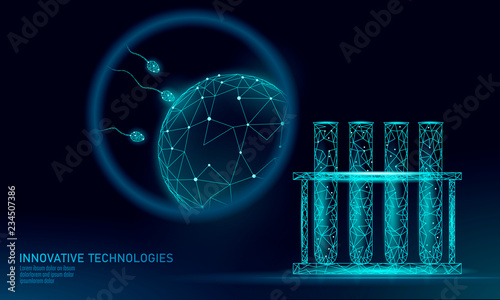 In Vitro fertilization test tube low poly. Reproductive modern technology medicine health care pregnancy healthy business concept. Polygonal sperm medical center birth IVF modern concept