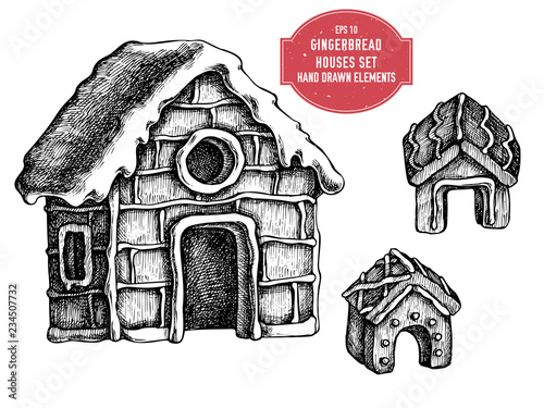 Vector collection of hand drawn black and white gingerbread house