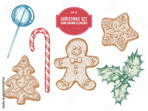 Vector collection of hand drawn pastel gingerbread men, gingerbread, lollipop, holly