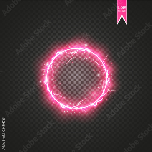 Red round frame. Shining circle banner. Isolated on black transparent background. Vector illustration