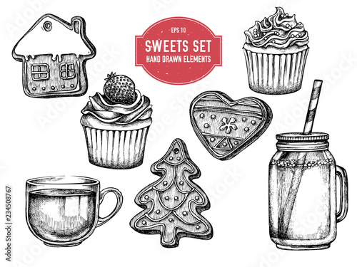 Vector collection of hand drawn black and white gingerbread, cupcakes, jars, tea cup