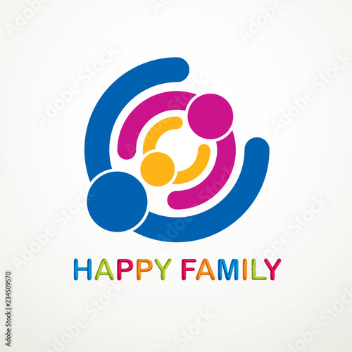 Happy family vector logo or icon created with simple geometric shapes. Tender and protective relationship of father, mother and child. Together as one system relations.