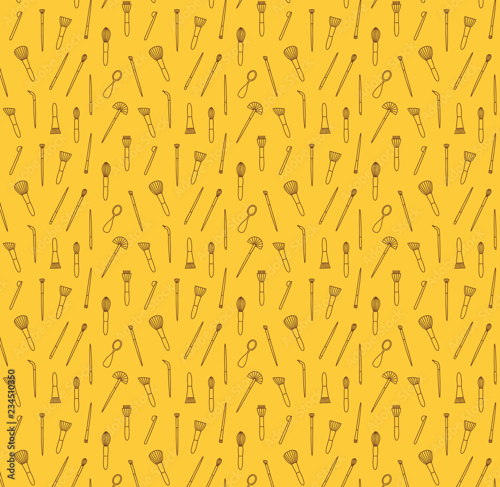 Seamless pattern of cosmetics brushes vector illustration sketch colored yellow brown Seamless pattern of cosmetics brushes vector illustration sketch colored yellow brown
