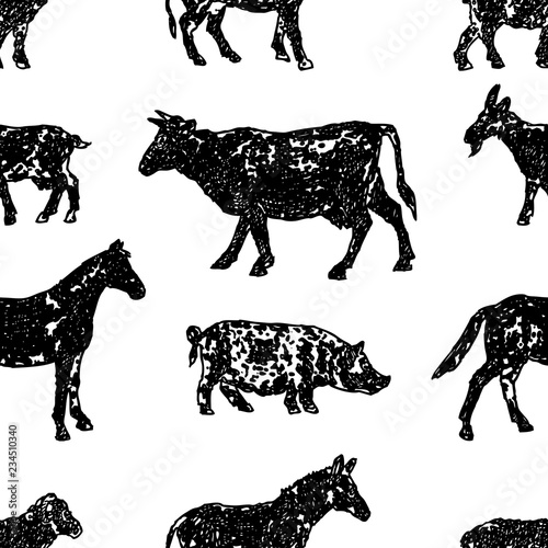 Seamless background of various farm animals