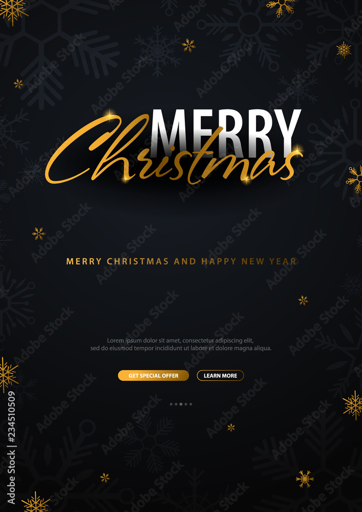 Merry Christmas and Happy New Year. Dark background with gold snowflakes. Vector illustration.