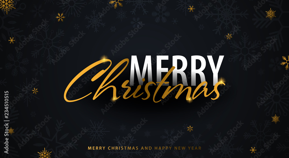 Merry Christmas and Happy New Year. Dark background with gold snowflakes. Vector illustration.