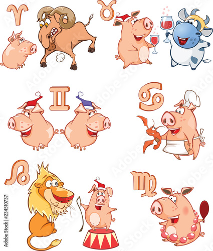 Vector Illustration of a Cute Pigs. Astrological Sign. Cartoon Character