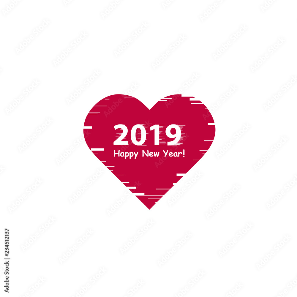 Creative happy new year 2019 design with line art heart icon. Flat design with shadow. Outline.