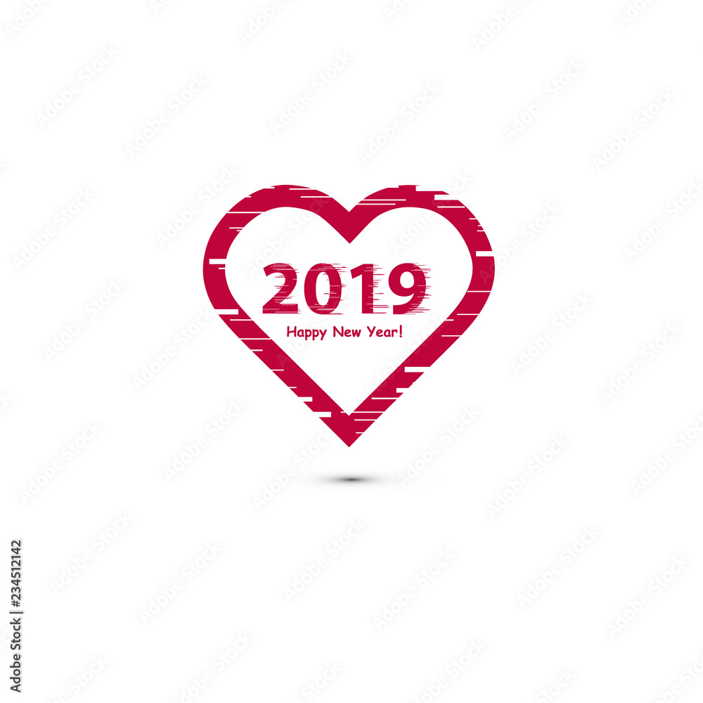 Creative happy new year 2019 design with line art heart icon. Flat design with shadow. Outline. Creative happy new year 2019 design with line art heart icon. Flat design with shadow. Outline.