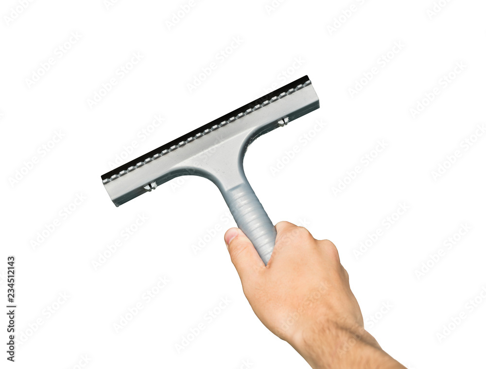 Hand Cleaning With Squeegee Against A White Background Stock Photo