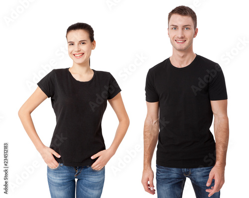 Shirt design and people concept - close up of young man and woman in blank black t-shirt front and rear isolated.