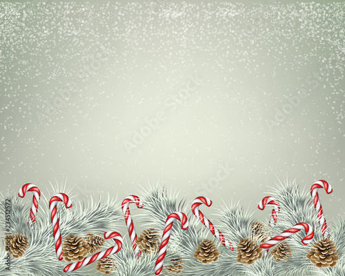 Christmas background with fir branches, candy and snow