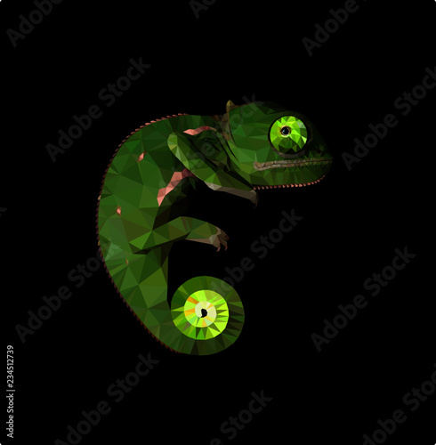 Low poly chameleon on black background, vector illustration EPS 10 isolated.  Polygonal style trendy modern logo design. Suitable for printing on a t-shirt.