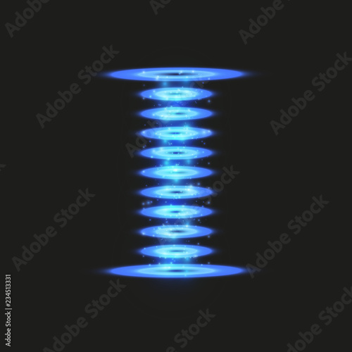 Magic fantasy portal. Futuristic teleport. Light effect. Blue candles rays of a night scene with sparks on a transparent background. Empty light effect of the podium. Disco club dancefloor
