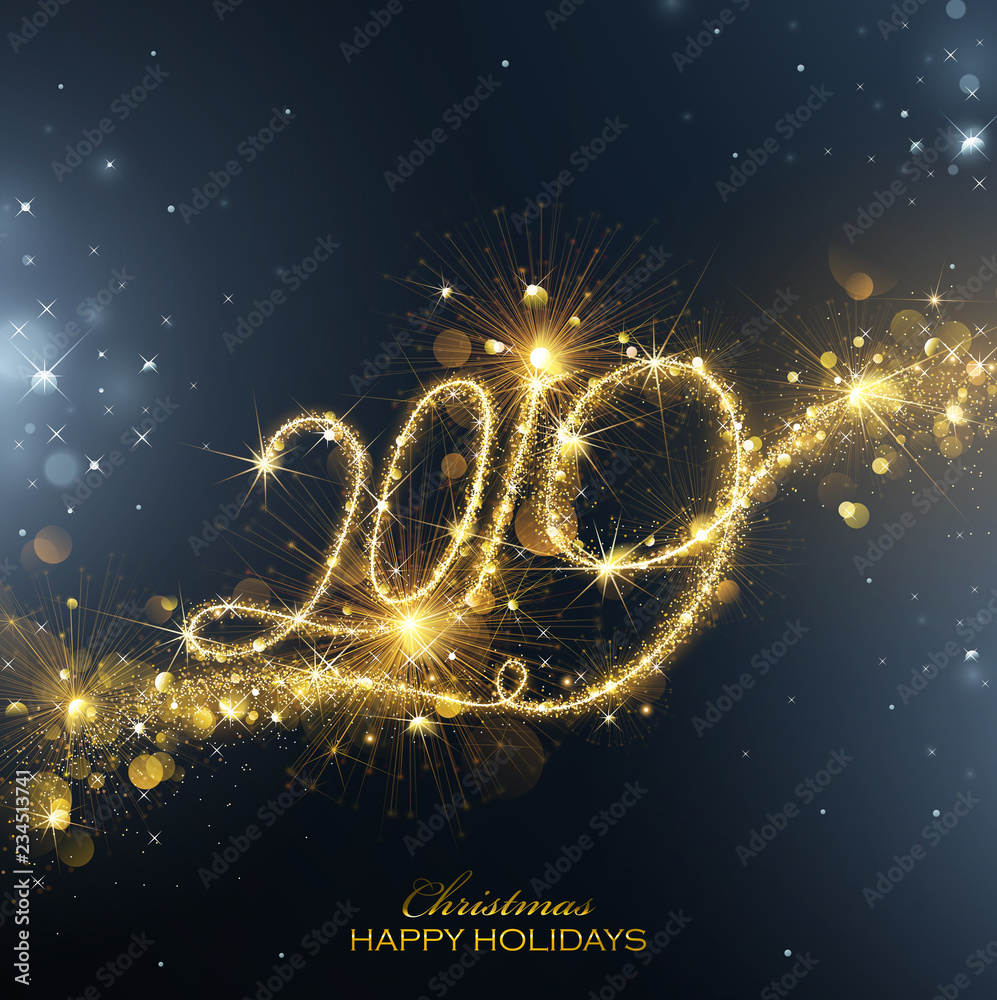 New Year Fireworks 2019 with Flickering Lights Effect. Vector - obrazy, fototapety, plakaty 